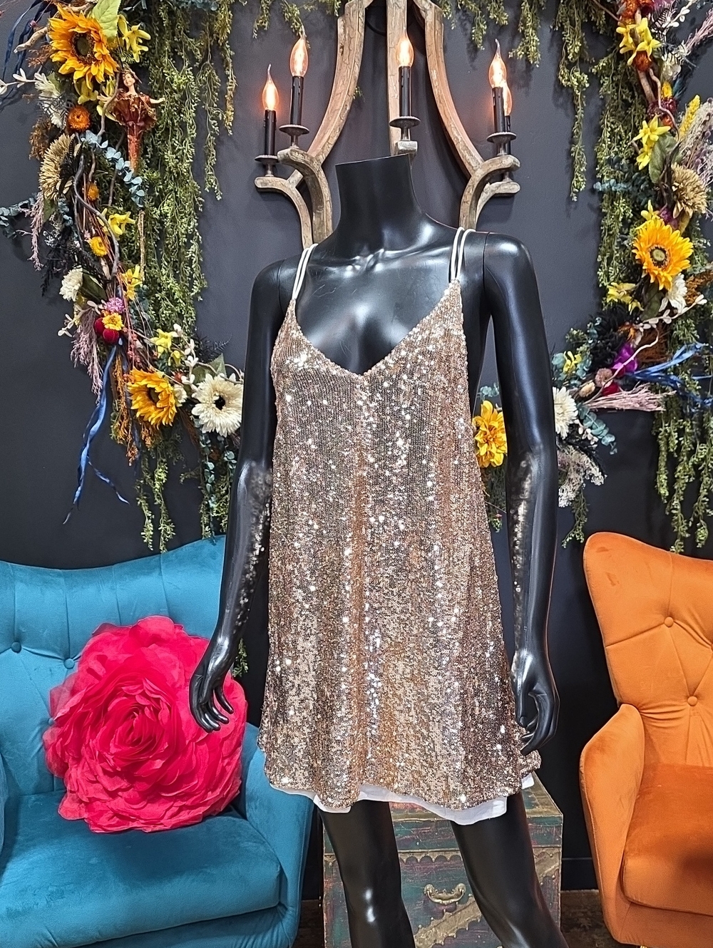 Free People Rose Gold Sequin Mini Slip Dress